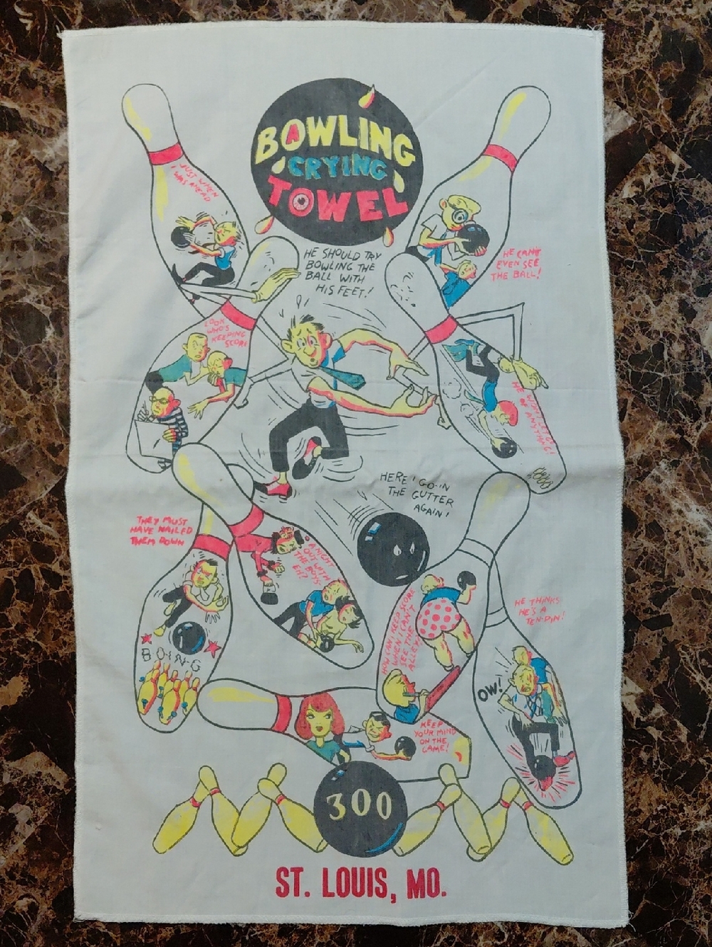 Vintage 1950s-60s St. Louis, MO Bowling Crying Towel Kitschy Novelty Gag Gift